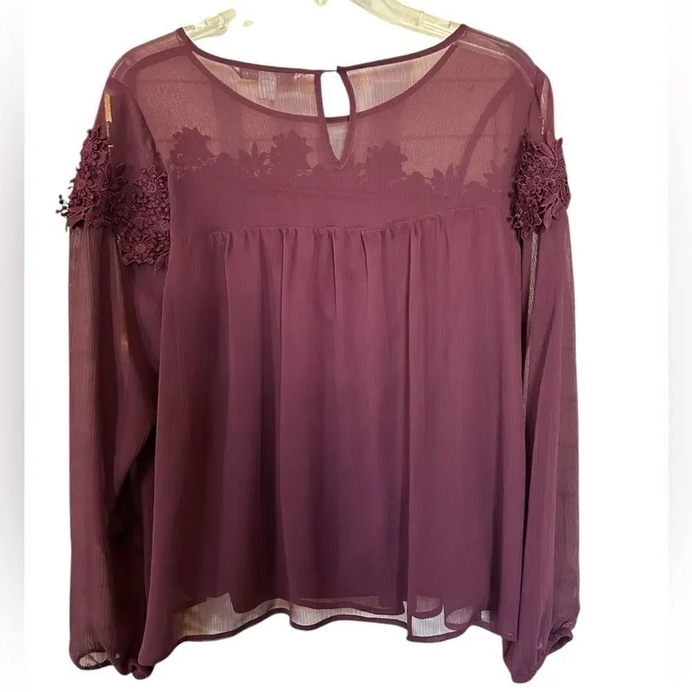 Lauren Conrad Lace Embroidered Yoke Bell Sleeve Semi Sheer Burgundy Blouse M